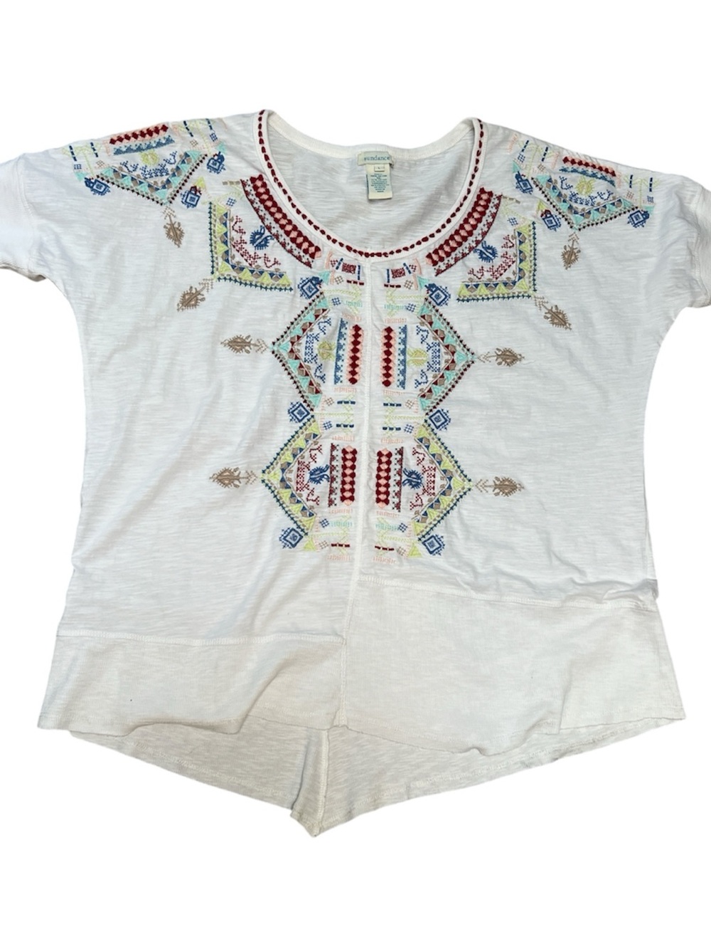 Sundance White Short Sleeve Tee with Multicolor Embroidery